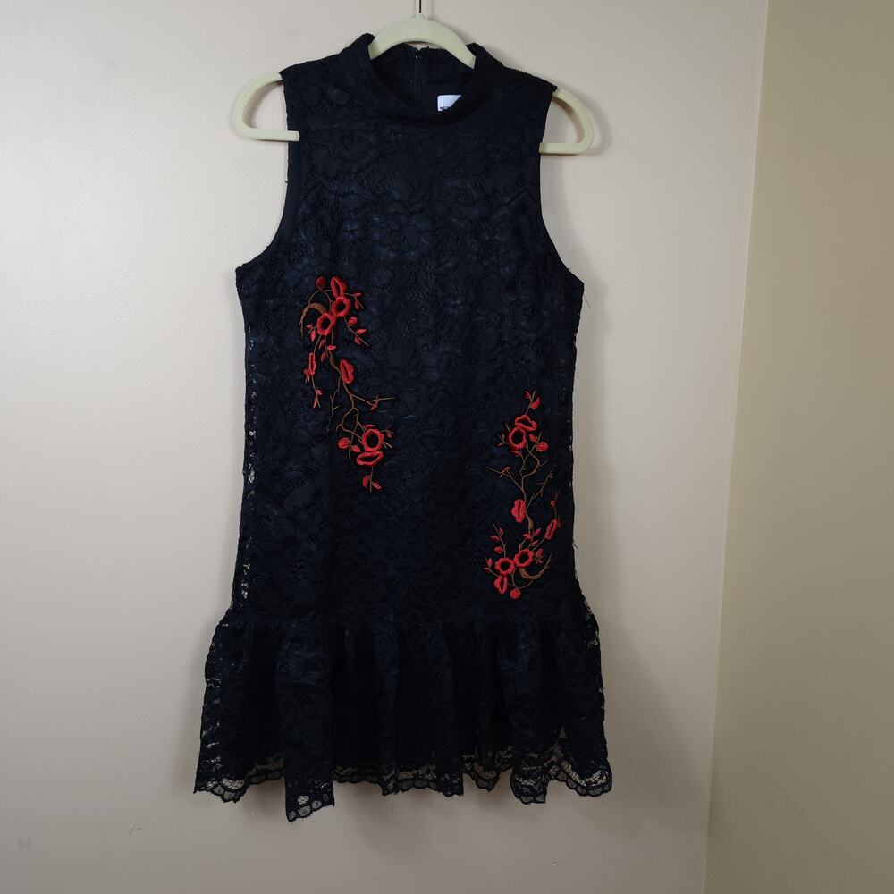 Nicole Miller Black Sleeveless Lace Floral Embroidered Dress Size 14